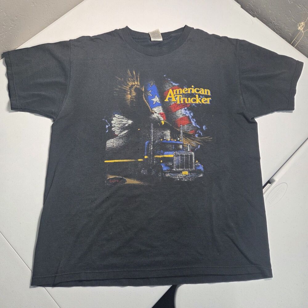 Vintage American Trucker Semi Eagle T-Shirt Mens L Black USA Distressed 90s Tee